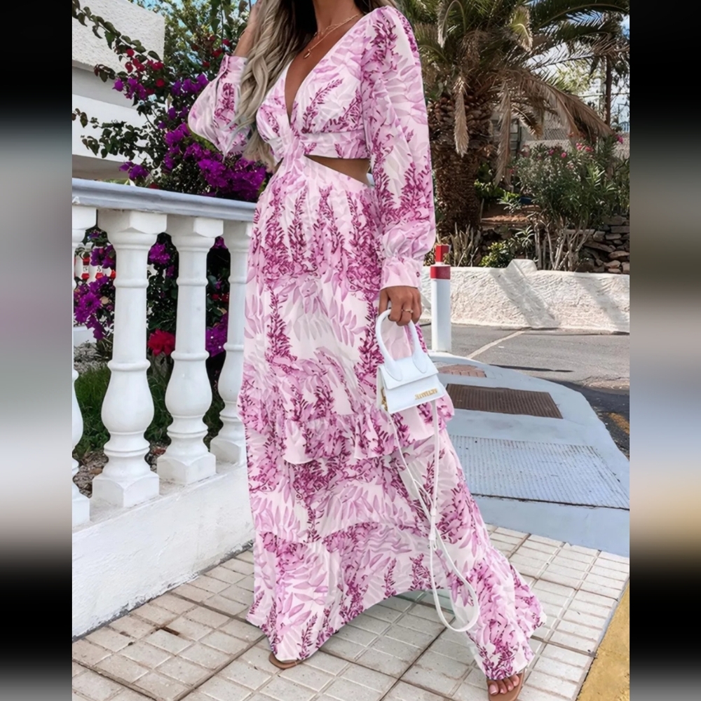 Ruffled Printed Cutout Plunge Maxi Dress